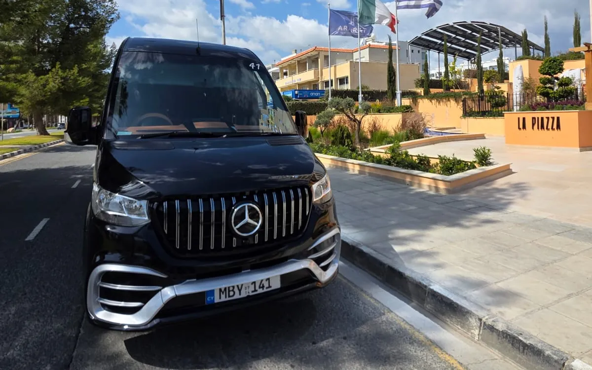Costa Taxi CY black Mercedes-Benz Sprinter for a minibus transfer in Cyprus, up to 19 passengers