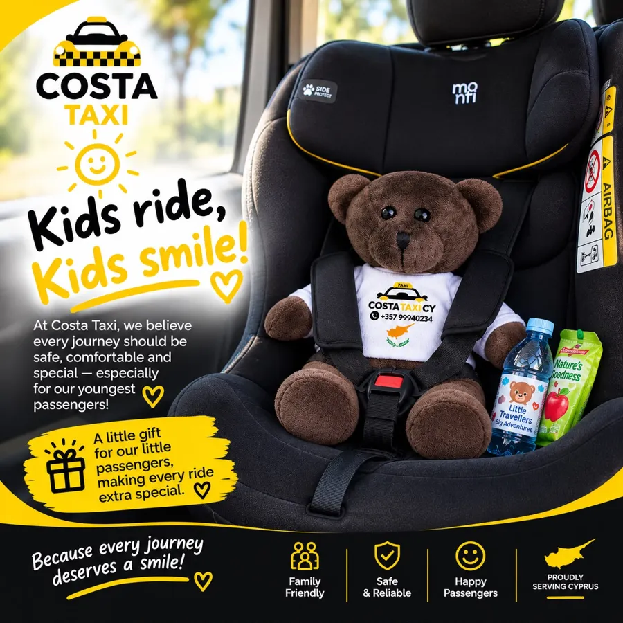Costa Taxi CY teddy bear, kids water and juice in a child seat