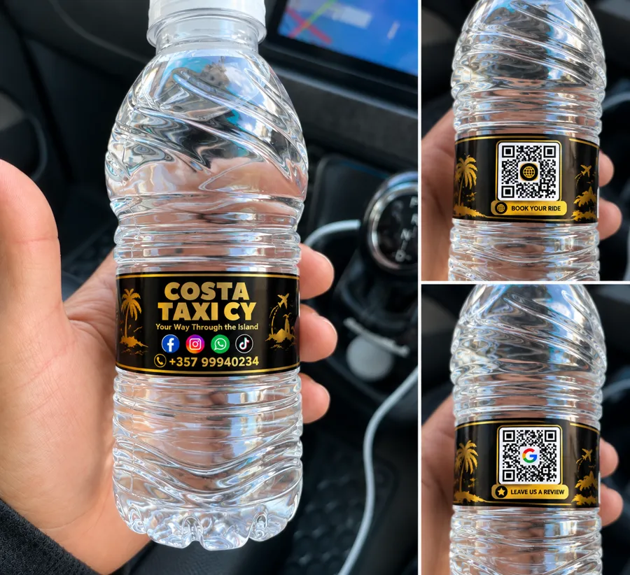Free Costa Taxi CY branded water bottle with QR codes to book and review