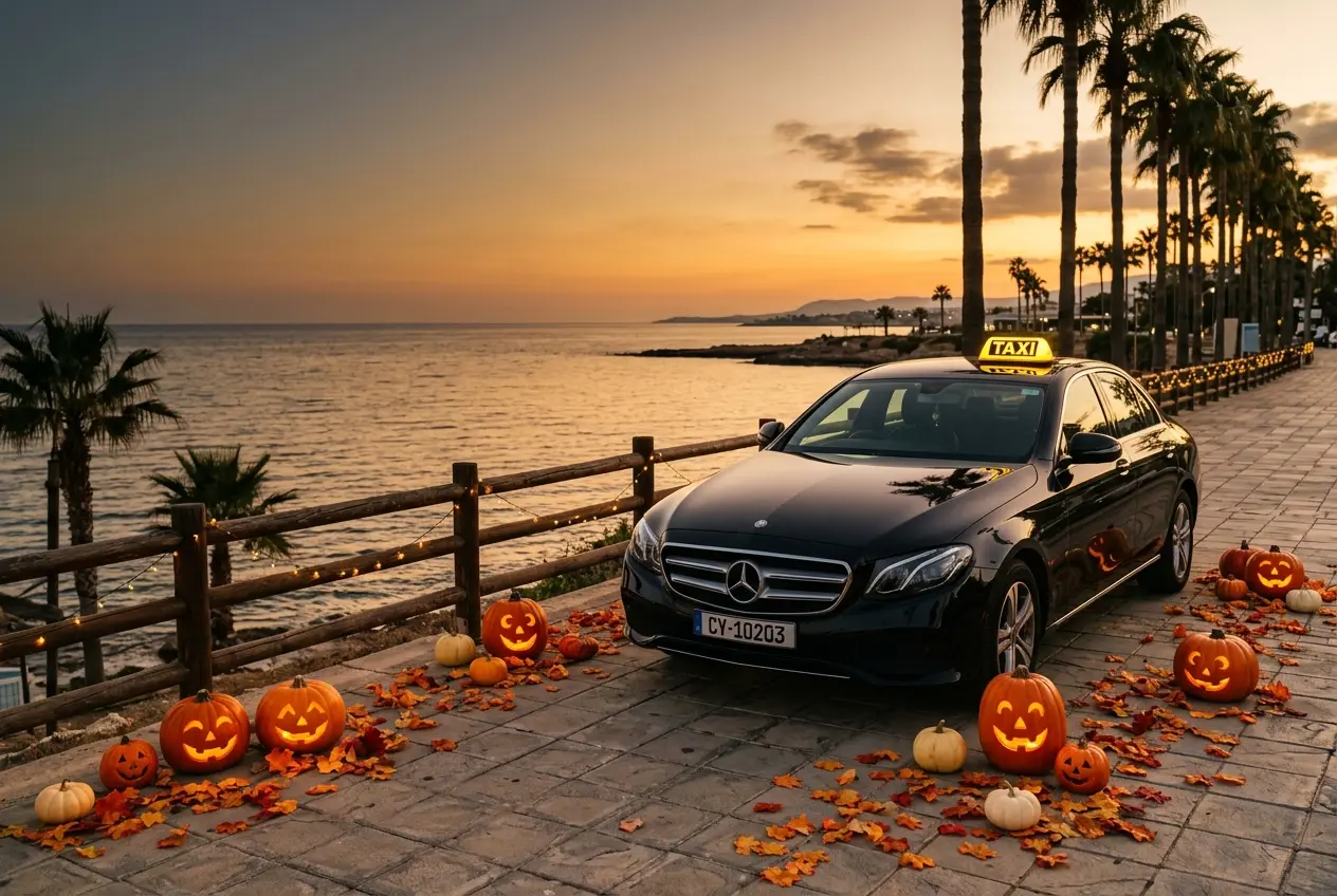 Black Costa Taxi CY taxi with a yellow TAXI sign, smiling pumpkins and autumn leaves on a Cyprus seafront at sunset